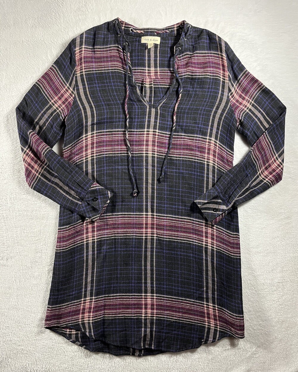 Anthropologie Cloth & Stone Dress Women’s M Flannel Plaid V-Neck Blue Purple